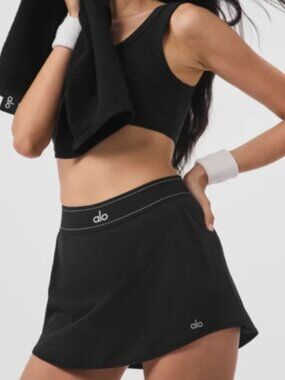 🎾NWT Alo Yoga Match Point Tennis Skirt Black🖤Built-In Shorts